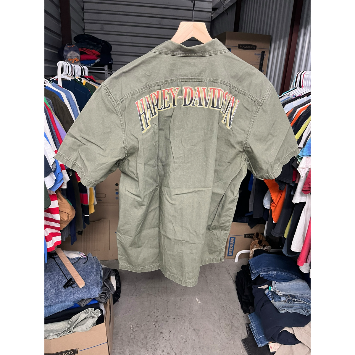 Harley-Davidson Mens Olive Green Short Sleeve Button Down Shirt Large Motorcycle