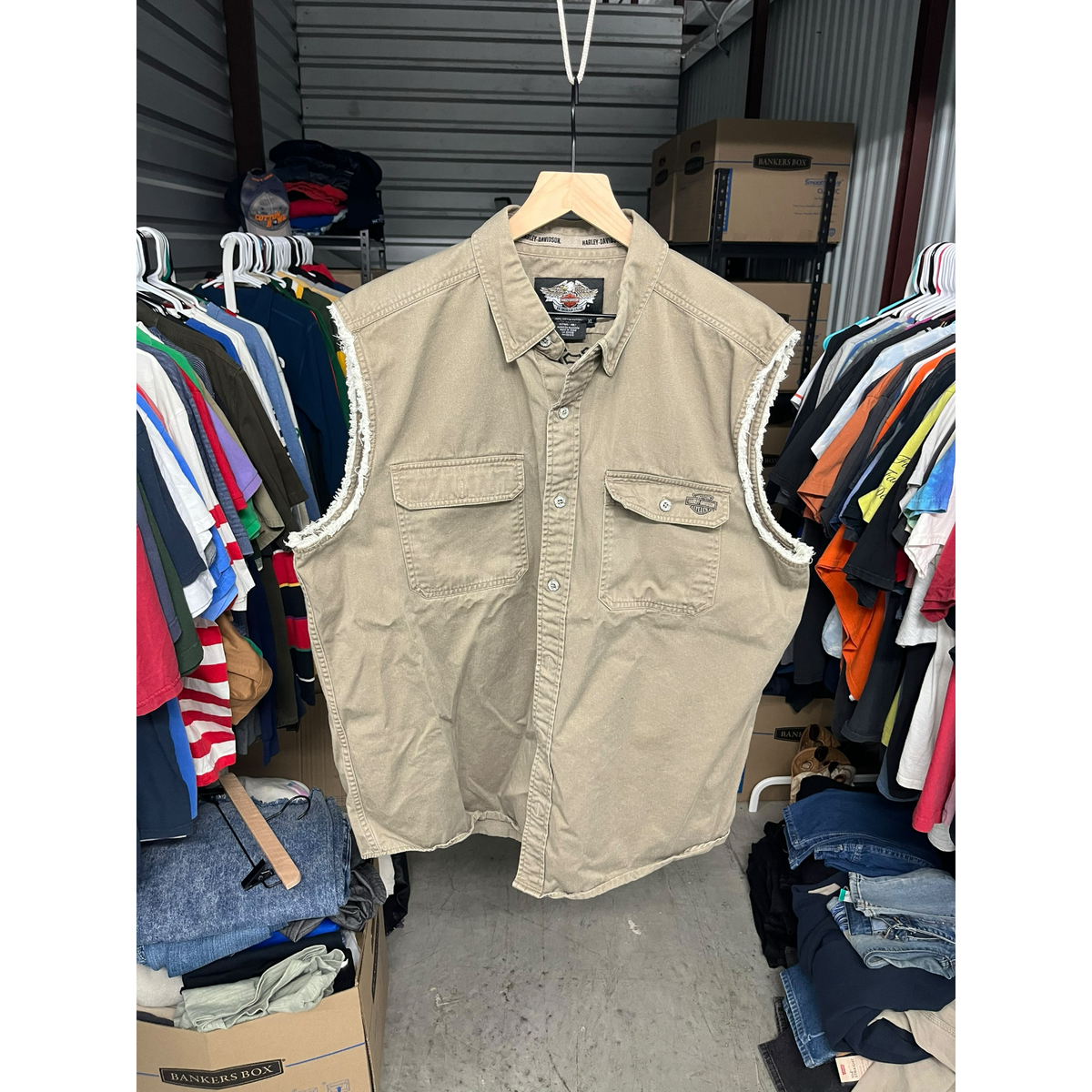 Harley-Davidson Mens Sleeveless Button Up Shirt Eagle Logo Brown Khaki XL