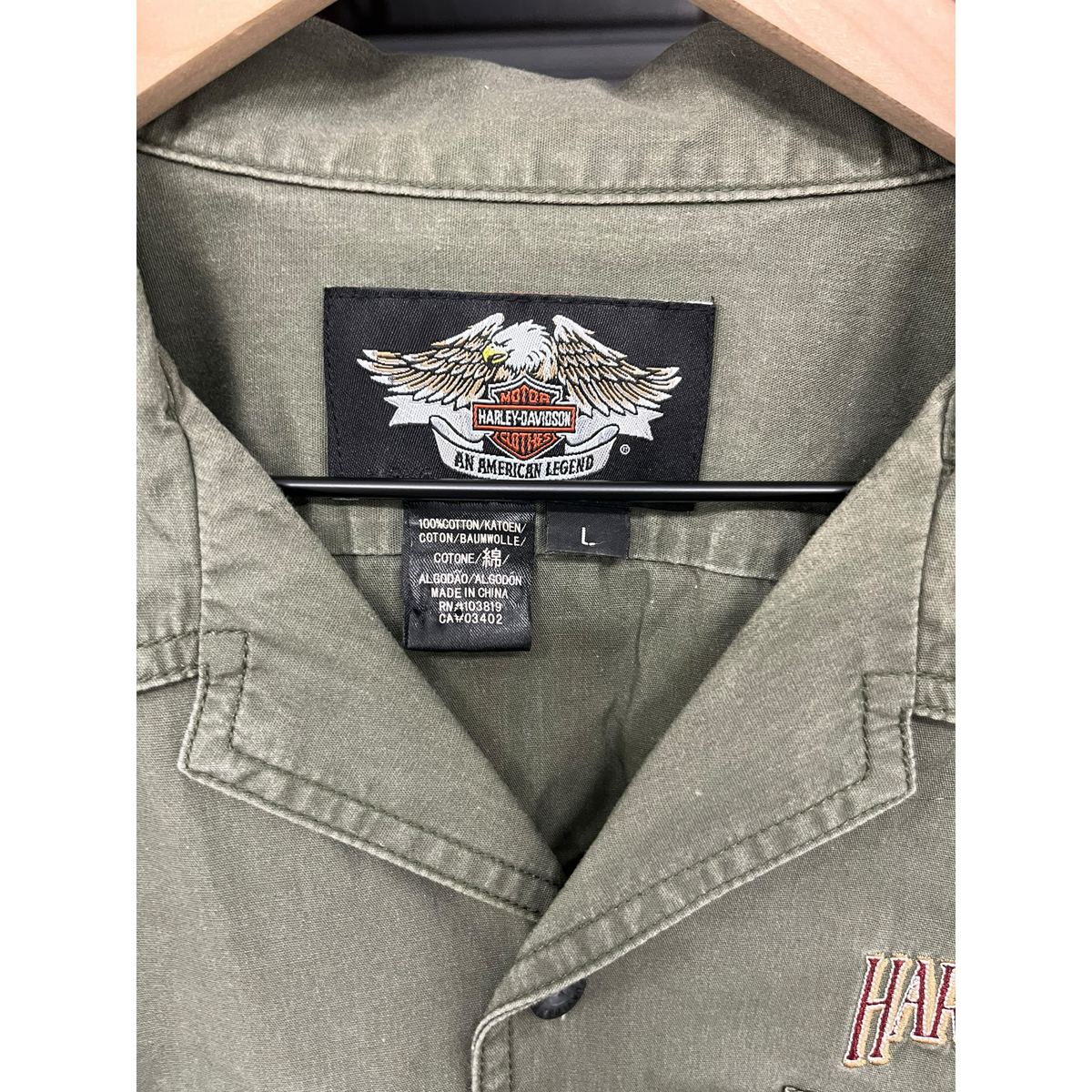 Harley-Davidson Mens Olive Green Short Sleeve Button Down Shirt Large Motorcycle