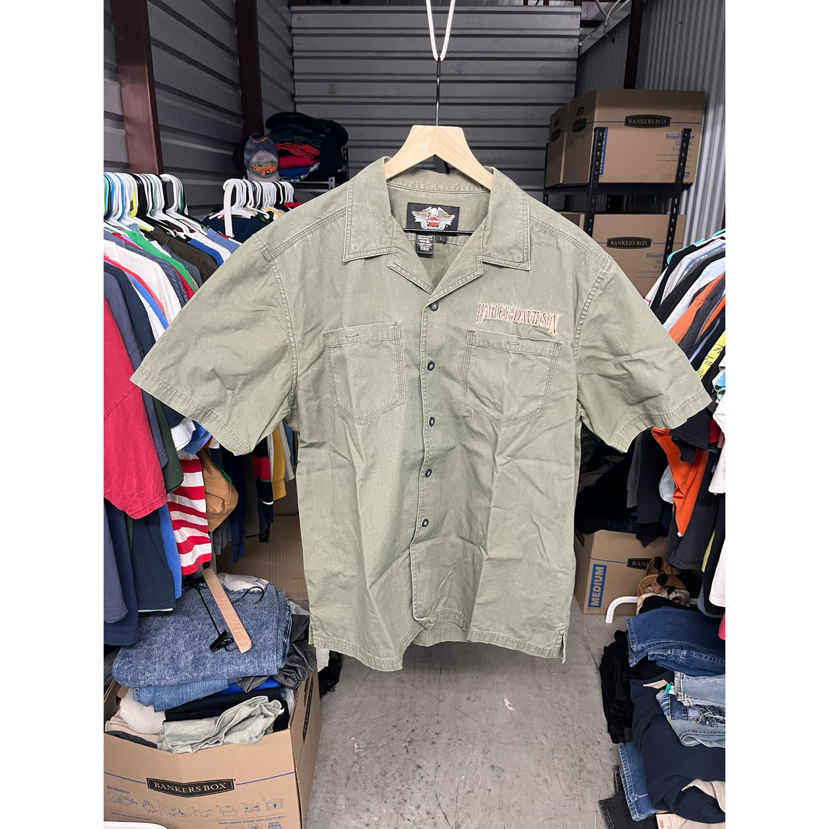 Harley-Davidson Mens Olive Green Short Sleeve Button Down Shirt Large Motorcycle