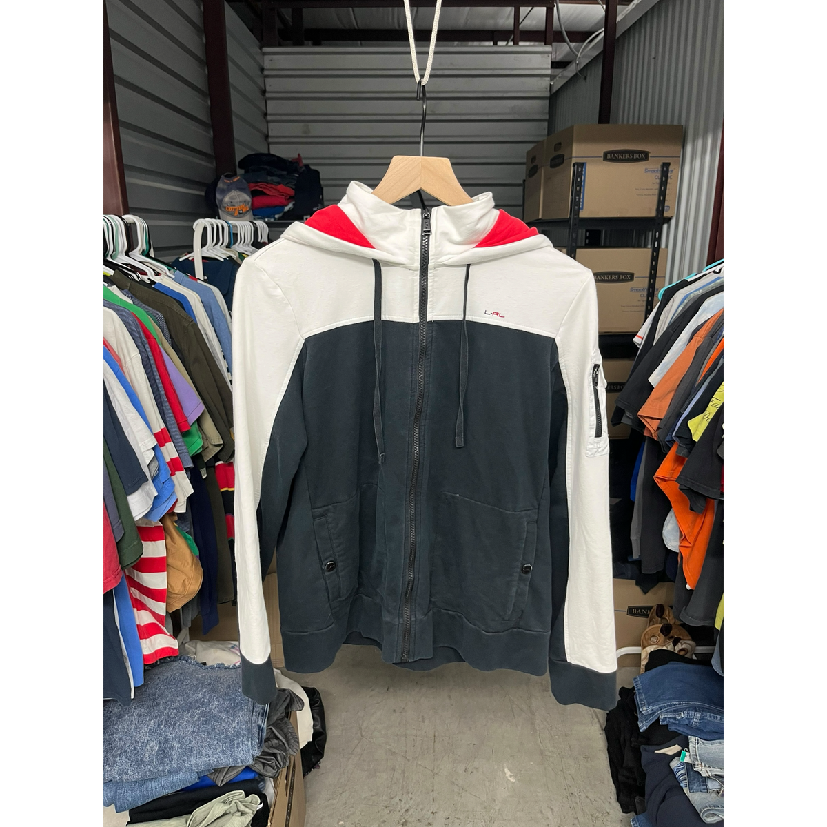Lauren Ralph Lauren Black White Colorblock Full Zip Hoodie Jacket LRL L