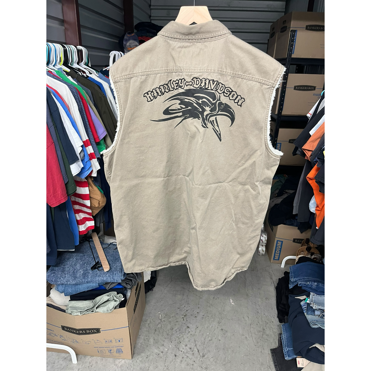 Harley-Davidson Mens Sleeveless Button Up Shirt Eagle Logo Brown Khaki XL