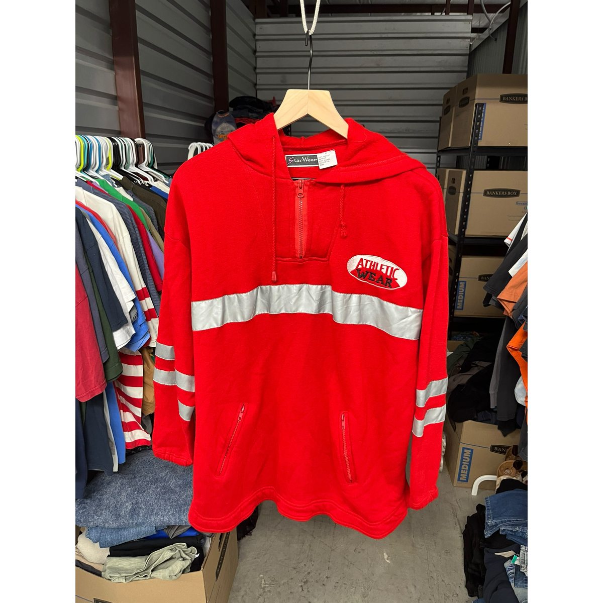 Vintage Star Wear Red Fleece Quarter Zip Reflective Stripe Hoodie Mens L